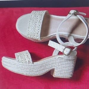 Cream Ankle-Strap Wedge Sandals with Braided Front